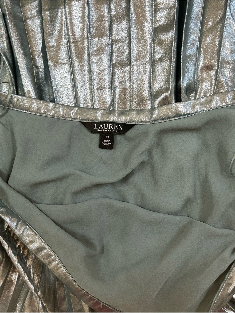 NWT Lauren by Ralph Lauren Metallic Pleated Midi Skirt Silver Blue Size 10 - Picture 5 of 9